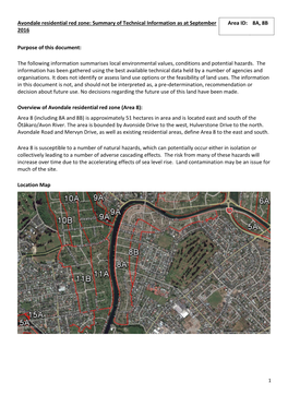 Avondale Residential Red Zone: Summary of Technical Information As at September Area ID: 8A, 8B 2016