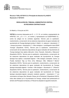 Recurso Nº 636 Y 637/2015 C.A. Principado De Asturias 43 Y 44/2015 Resolución Nº 647/2015