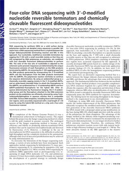 Four-Color DNA Sequencing with 3؅-O-Modified Nucleotide Reversible Terminators and Chemically Cleavable Fluorescent Dideoxynucleotides