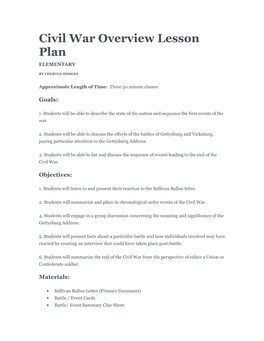 Civil War Overview Lesson Plan ELEMENTARY