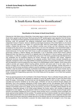 Is South Korea Ready for Reunification? Written by Soo Kim