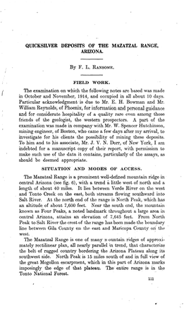 QUICKSILVER DEPOSITS of the MAZATZAL RANGE, ARIZONA. by F. L. RANSOME. the Examination on Which the Following Notes Are Based Wa