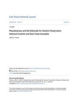 Placelessness and the Rationale for Historic Preservation: National Contexts and East Texas Examples