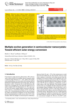 Multiple Exciton Generation in Semiconductor Nanocrystals: Toward Efﬁcient Solar Energy Conversion