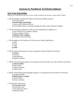 Answers to Northwest Territories Quizzes