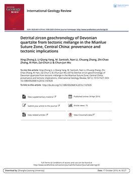 Detrital Zircon Geochronology of Devonian Quartzite from Tectonic Mélange in the Mianlue Suture Zone, Central China: Provenance and Tectonic Implications