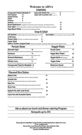 ARYA STARTERS Soup & Salad Persian Stews Veggie Plates