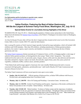 Italian Pavilion, Featuring the Best of Italian Gastronomy, Will Be the Largest at Summer Fancy Food Show, Washington, DC, July 10-12