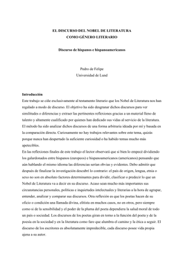 El Discurso Del Nobel De Literatura Como Género Literario