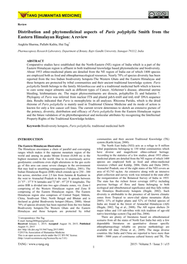 Distribution and Phytomedicinal Aspects of Paris Polyphylla Smith from the Eastern Himalayan Region: a Review