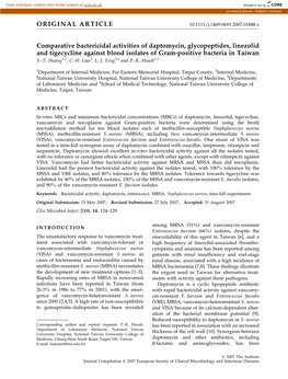 Comparative Bactericidal Activities of Daptomycin, Glycopeptides, Linezolid and Tigecycline Against Blood Isolates of Gram-Positive Bacteria in Taiwan Y.-T