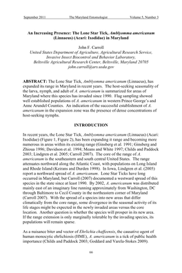 The Lone Star Tick, Amblyomma Americanum (Linnaeus) (Acari: Ixodidae) in Maryland