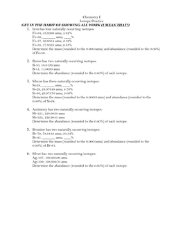 Chemistry I Isotope Practice 1. Iron Has Four Naturally Occurring