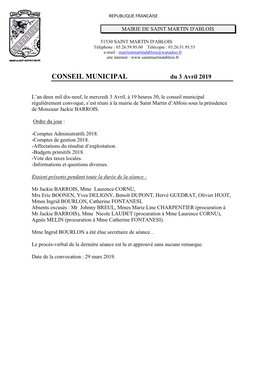 CONSEIL MUNICIPAL Du 3 Avril 2019