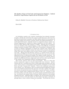 The Quality of Law in Civil Code and Common Law Regimes: Judicial Incentives, Legal Human Capital and the Evolution of Law