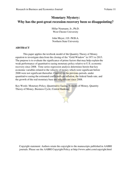 Monetary Mystery: Why Has the Post-Great Recession Recovery Been So Disappointing?