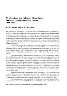 Newfoundland and Labrador Shore-Station Whaling: Overexpansion and Decline, 1905-1917