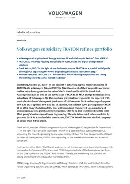 Volkswagen Subsidiary TRATON Refines Portfolio