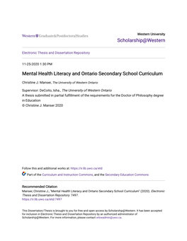 Mental Health Literacy and Ontario Secondary School Curriculum