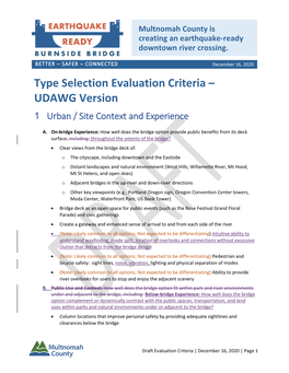 Type Selection Evaluation Criteria – UDAWG Version 1 Urban / Site Context and Experience