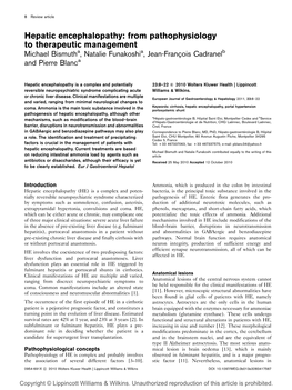 Hepatic Encephalopathy: from Pathophysiology to Therapeutic Management Michael Bismutha, Natalie Funakoshia, Jean-Franc¸Ois Cadranelb and Pierre Blanca