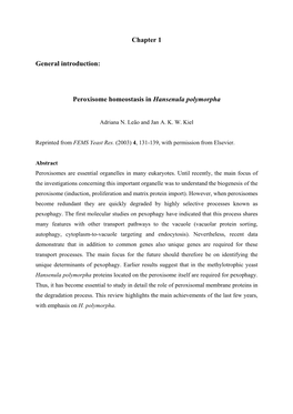 Chapter 1 General Introduction: Peroxisome Homeostasis in Hansenula Polymorpha