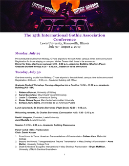 The 15Th International Gothic Association Conference Lewis University, Romeoville, Illinois July 30 - August 2, 2019