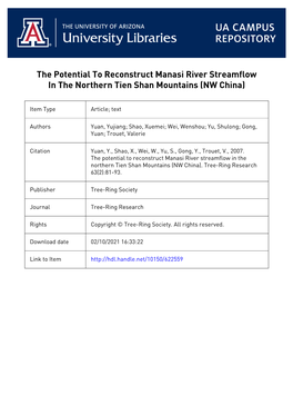 The Potential to Reconstruct Manasi River Streamflow in the Northern Tien Shan Mountains (NW China)