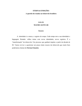 ETERNAS EMOÇÕES a Questão Do Remake Na Telenovela Brasileira