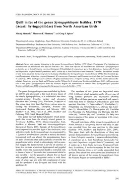 Quill Mites of the Genus Syringophilopsis Kethley, 1970 (Acari: Syringophilidae) from North American Birds