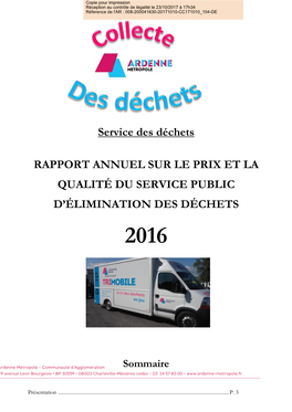 Service Des Déchets RAPPORT ANNUEL SUR LE PRIX ET LA