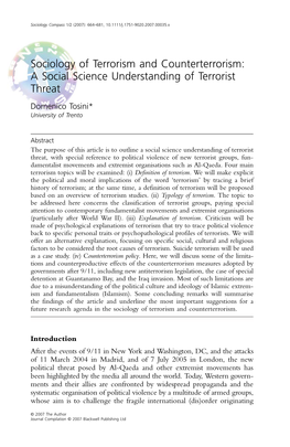 Sociology of Terrorism and Counterterrorism: a Social Science Understanding of Terrorist Threat Domenico Tosini* University of Trento