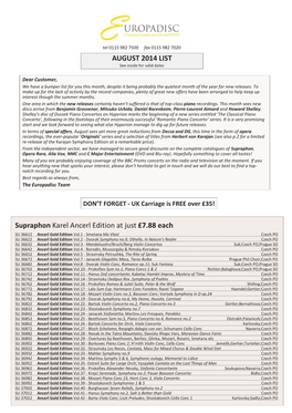 AUGUST 2014 LIST Supraphon Karel Ancerl Edition at Just £7.88 Each