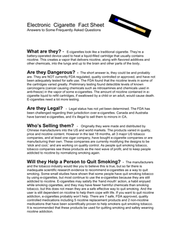 Electronic Cigarette Fact Sheet Answers to Some Frequently Asked Questions