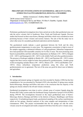 Preliminary Investigations of Geothermal Areas in Uganda, Other Than Katwe-Kikorongo, Buranga and Kibiro