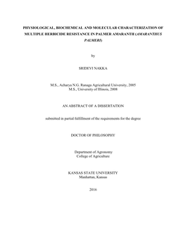 Physiological, Biochemical and Molecular Characterization of Multiple Herbicide Resistance in Palmer Amaranth (Amaranthus Palmeri)