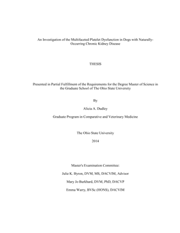 An Investigation of the Multifaceted Platelet Dysfunction in Dogs with Naturally- Occurring Chronic Kidney Disease