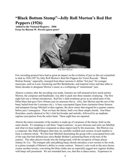 Black Bottom Stomp”--Jelly Roll Morton’S Red Hot Peppers (1926) Added to the National Registry: 2006 Essay by Burton W