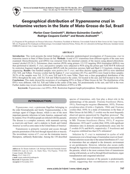 Geographical Distribution of Trypanosoma Cruzi in Triatomine Vectors in the State of Mato Grosso Do Sul, Brazil