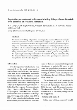 Population Parameters of Indian Sand Whiting Sillago Sihama (Forsskal) from Estuaries of Southern Karnataka