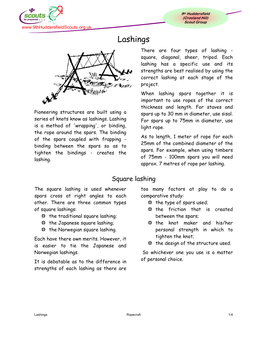 Lashings There Are Four Types of Lashing - Square, Diagonal, Sheer, Tripod