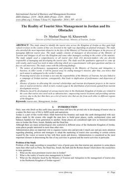 The Reality of Tourist Sites Management in Jordan and Its Obstacles