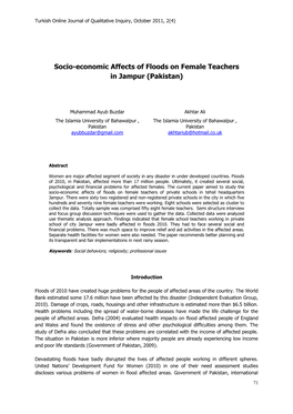 Socio-Economic Affects of Floods on Female Teachers in Jampur (Pakistan)