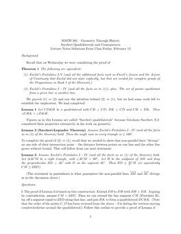 Geometry Through History Saccheri Quadrilaterals and Consequences Lecture Notes/Solutions from Class Friday, February 12