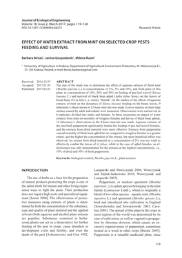 Effect of Water Extract from Mint on Selected Crop Pests Feeding and Survival