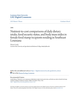 Nutrient-To-Cost Comparisons of Daily Dietary Intake, Food Security Status