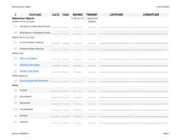 FEATURE DATE TIME SEEING TRANSP. LATITUDE LONGITUDE Naked-Eye Objects E, VG, G, F, P 1 (Worst) to (Within 72 Hrs of New) 6 (Best)
