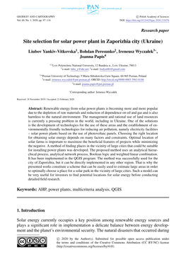 Site Selection for Solar Power Plant in Zaporizhia City (Ukraine)