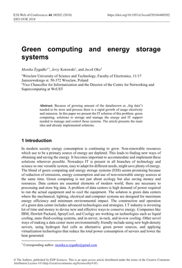 Green Computing and Energy Storage Systems