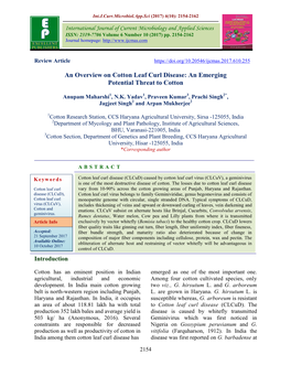 An Overview on Cotton Leaf Curl Disease: an Emerging Potential Threat to Cotton